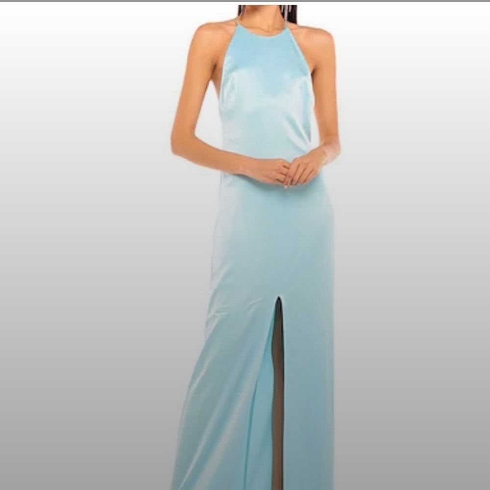 Alice + Olivia Light Blue Satin Halter Maxi Dress with Front Slit